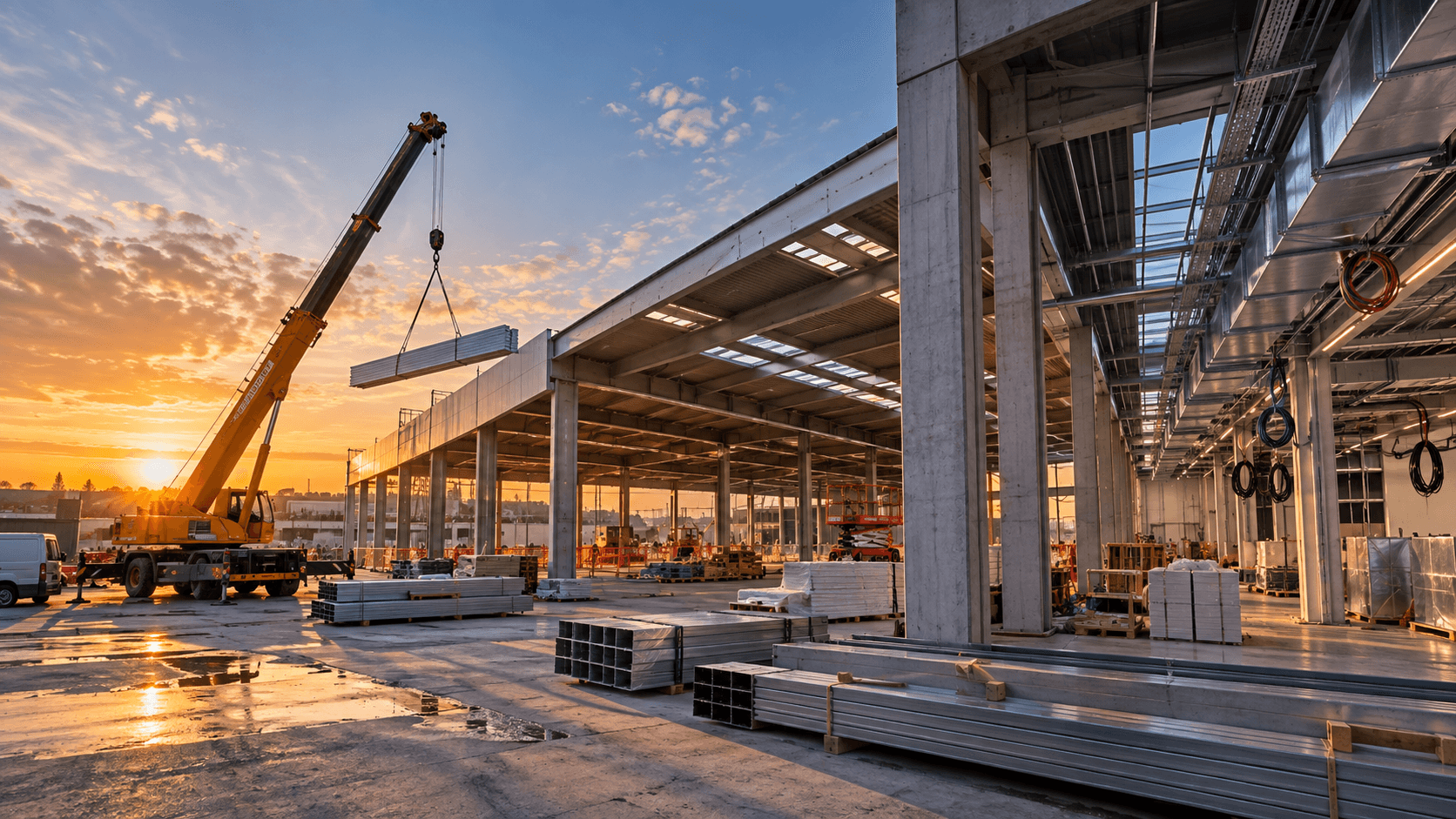 Immagine illustrativa: struttura in costruzione con gru al tramonto