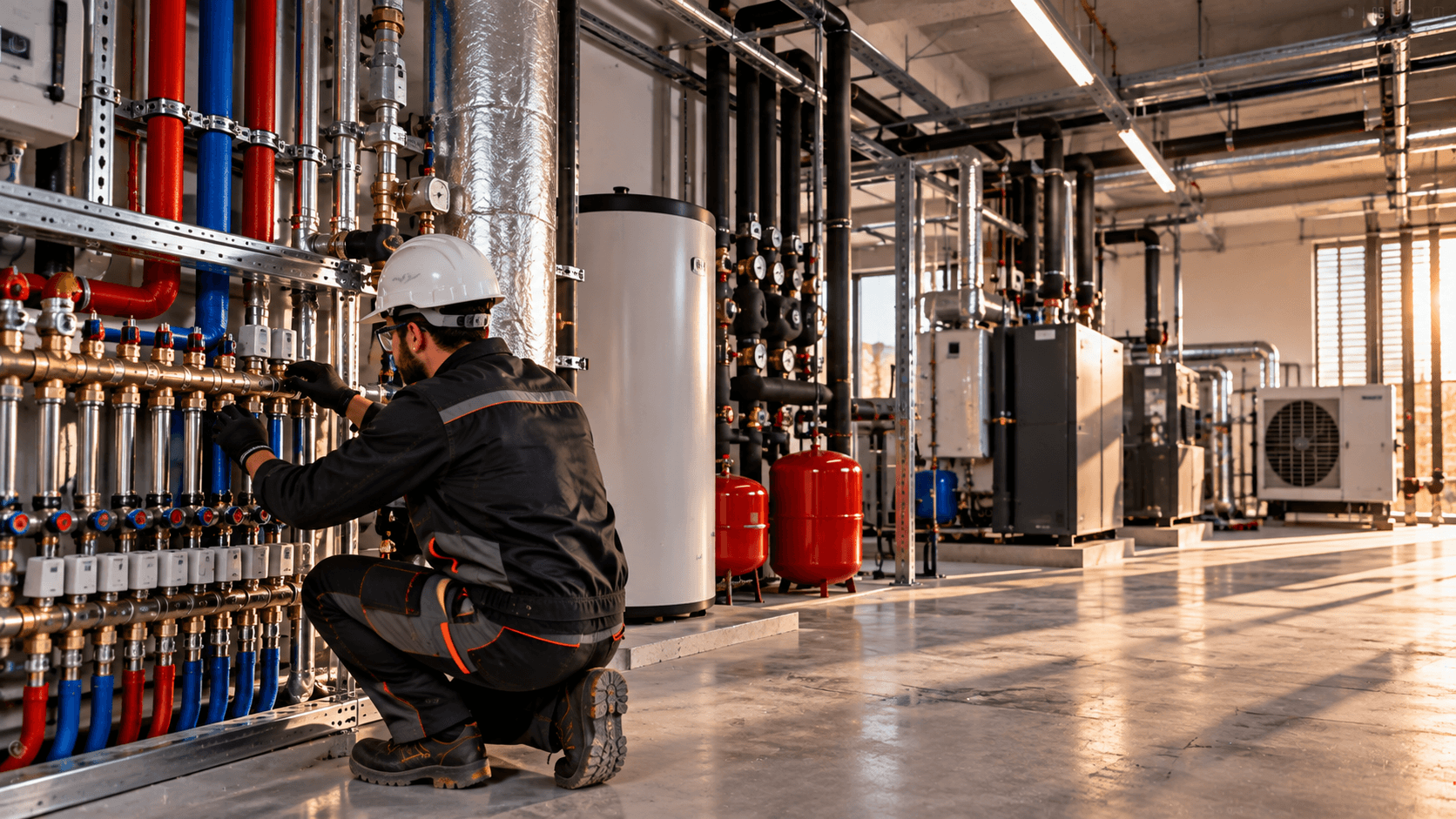 Immagine illustrativa: tecnico al lavoro su collettori e tubazioni in un locale tecnico